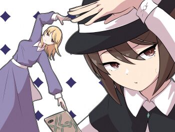 2girls :o back_bow black_capelet black_hat black_outline blonde_hair bow brown_eyes brown_hair capelet cellphone collared_dress collared_shirt commentary commentary_request dress eyes_visible_through_hair full_body hat highres iwoillust leaning_to_the_side long_sleeves maribel_hearn medium_hair multiple_girls no_headwear outline parted_lips patterned_background phone portrait purple_dress purple_eyes shirt smartphone smirk sweatdrop symbol-only_commentary touhou usami_renko white_background white_outline white_shirt