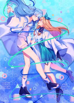 2girls absurdres bad_id bad_twitter_id black_shoes blonde_hair blue_background blue_hair coat commentary elira_pendora flask from_side full_body hair_wings highres holding holding_flask long_hair looking_at_another multiple_girls nijisanji nijisanji_en open_mouth orri_(iirokagi) pomu_rainpuff shoes virtual_youtuber white_coat