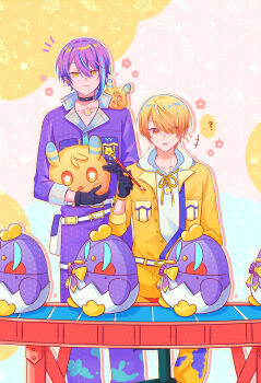 2boys ? belt bird confused conveyor_belt flower highres holding holding_brush holding_stuffed_toy hood hoodie kamishiro_rui kuraritk light_smile looking_at_object looking_at_viewer looking_down male_focus multiple_boys open_mouth penguin polka_dot project_sekai speech_bubble stuffed_animal stuffed_toy tenma_tsukasa white_belt white_hoodie