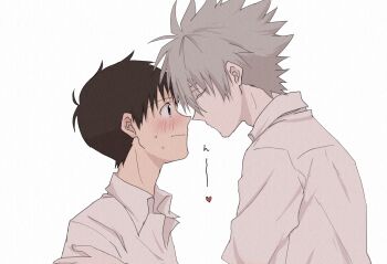 Rule 34 | 2boys, black hair, blue eyes, blush, closed eyes, collared shirt, face-to-face, grey hair, highres, ikari shinji, male focus, multiple boys, nagisa kaworu, neon genesis evangelion, riodmsen, school uniform, shirt, short hair, white background, yaoi