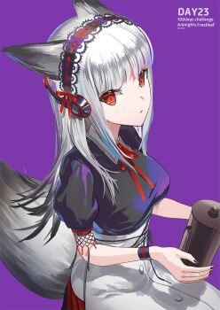 1girl animal_ears apron arknights black_nails black_shirt blouse breasts character_name coffee_pot collared_shirt fox_ears fox_girl fox_tail from_side frostleaf_(arknights) grey_hair hair_ribbon headdress headphones highres holding holding_kettle holding_pot kettle long_hair looking_at_viewer makkuro nail_polish neck_ribbon official_alternate_costume pot puffy_short_sleeves puffy_sleeves purple_background red_ribbon ribbon shadow shirt short_sleeves sidelocks simple_background sitting solo tail waist_apron wristband