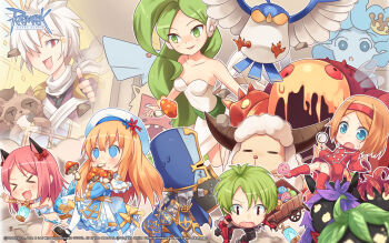 &gt;_&lt; 3boys 5girls :d =_= amistr_(ragnarok_online) animal_ears aqua_(ragnarok_online) arch_bishop_(ragnarok_online) armor assassin_(ragnarok_online) bandages bandages_over_clothes bikini bird black_footwear black_pants blonde_hair blue_bikini blue_cape blue_dress blue_eyes blue_fire blue_flower blush bow breastplate breasts brown_eyes buttons cape cat_ears cat_girl chibi closed_eyes closed_mouth colored_sclera copyright_notice cross cross_of_prontera dress dress_bow drops_(ragnarok_online) dust_cloud eating elbow_gloves fang faulds feather_trim feathered_wings filir_(ragnarok_online) fingerless_gloves fire flower frilled_dress frilled_sleeves frills full_body gloves green_eyes green_hair green_sash hair_bow hair_over_one_eye hairband hat hat_flower helmet highres holding holding_magnifying_glass holding_sword holding_weapon lantern leaf leg_armor lif_(ragnarok_online) logo long_bangs long_hair long_sleeves magnifying_glass marin_(ragnarok_online) mechanic_(ragnarok_online) medium_breasts mismatched_bikini multiple_boys multiple_girls mushroom official_art official_wallpaper open_mouth pants pauldrons poporing poring pullcart purple_gloves purple_shirt raccoon ragnarok_online red_armor red_bow red_eyes red_flower red_hairband red_sclera royal_guard_(ragnarok_online) running sash sheep shirt short_hair shoulder_armor skin_fang slime_(creature) small_breasts smile strapless strapless_dress supershiruco sweatdrop swimsuit sword tam_(ragnarok_online) thighhighs thumbs_up two-tone_dress vambraces vanilmirth_(ragnarok_online) wanderer_(ragnarok_online) weapon white_bikini white_dress white_hair white_hat white_thighhighs white_wings wings xd yellow_bow yellow_sash