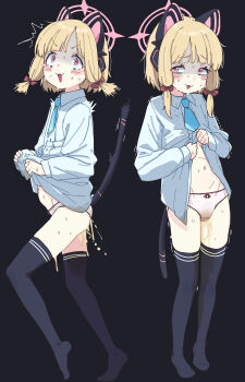 1girl :3 animal_ear_headphones animal_ears averting_eyes black_background black_socks blonde_hair blue_archive blue_necktie blush blush_stickers bow bow_panties cat_ear_headphones cat_ears cat_tail clothes_lift collared_shirt commentary_request embarrassed fake_animal_ears full_body groin hair_bow halo headphones highres lifting_own_clothes loli long_sleeves low-tied_sidelocks midriff momoi_(blue_archive) multiple_views muranisaki navel necktie nervous_sweating no_jacket no_pants no_shoes open_mouth over-kneehighs panties pee pee_stain peeing peeing_self pink_eyes pink_halo pink_panties red_bow shirt short_hair sidelocks simple_background socks standing stomach surprised sweat tail thighhighs trembling underwear wet wet_clothes wet_panties white_shirt wide-eyed