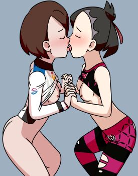 2girls absurdres ass bare_shoulders black_hair bottomless breasts brown_hair closed_eyes french_kiss gloria_(pokemon) gym_challenge_uniform highres holding_hands kiss legs marnie_(pokemon) midriff misaeldm multiple_girls nintendo open_mouth pokemon pokemon_swsh short_hair small_breasts third-party_edit tongue tongue_out twintails undercut