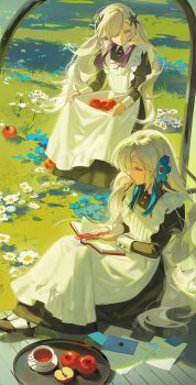 2girls absurdres alternate_costume apple apple_slice apron black_dress black_flower blonde_hair blue_eyes blue_flower blue_hair bookmark buttons cevio chinese_commentary collared_dress commentary_request cup daisy_(flower) day dress enmaided envelope field flower flower_field food frilled_apron frills fruit full_body grass grey_eyes hair_flower hair_ornament hair_over_one_eye hair_spread_out half-closed_eyes highres isekaijoucho juliet_sleeves kamitsubaki_studio long_dress long_hair long_sleeves looking_at_viewer maid multicolored_hair multiple_girls nyansky outdoors paper_stack puffy_sleeves purple_hair reading saucer sekai_(cevio) shadow sidelocks sitting skirt_basket streaked_hair tea teacup tray veranda very_long_hair virtual_youtuber watermark wavy_hair weibo_watermark white_apron white_flower wooden_floor