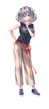 1girl amakano_2 bare_shoulders black_ribbon black_shirt blue_eyes blue_shoes blush bracelet breasts brown_pants closed_mouth clothes_writing collarbone full_body grey_hair hair_between_eyes hair_ribbon hand_on_own_chin hand_on_own_hip hand_up jewelry jigokudani_sara leaning_to_the_side looking_at_viewer mole mole_under_eye official_art pants piromizu ribbon shirt shoes simple_background sleeveless sleeveless_shirt smile sneakers solo standing tachi-e transparent_background twintails