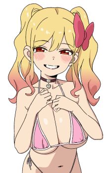 1girl aikatsu!_(series) aikatsu_stars! alternate_breast_size bare_arms bare_shoulders bikini blush bow breasts choker cleavage curly_hair dot_nose gradient_hair grin hair_bow hands_on_own_chest heart heart_choker highres large_breasts long_hair looking_at_viewer multicolored_hair navel nijino_yume orange_eyes osame pink_bikini pink_bow pink_hair side-tie_bikini_bottom sidelocks simple_background smile solo standing swimsuit twintails two-tone_hair upper_body white_background
