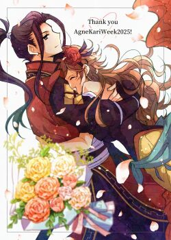1boy 1girl ^_^ agnea_bristarni black_hair blurry blurry_foreground bouquet brown_hair closed_eyes commentary commentary_request couple english_commentary flower hetero high_ponytail highres hikari_ku hug inset_border long_hair mixed-language_commentary octopath_traveler octopath_traveler_ii ponytail red_flower red_rose rose satsuki_(chaosmode) simple_background smile thank_you wavy_hair white_background