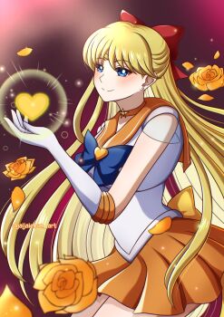 1girl aino_minako bishoujo_senshi_sailor_moon blonde_hair blue_eyes blush bow flower heart highres jaijaichan_art long_hair magical_girl miniskirt red_bow rose sailor_venus see-through_clothes see-through_sleeves skirt super_sailor_venus very_long_hair