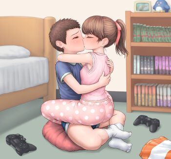 1boy 1girl armpit_peek arms_around_neck ass bare_arms bed blue_shirt blush bookshelf breasts brown_hair kodomo_doushi closed_eyes controller covered_erect_nipples cushion floor full_body game_controller hair_ribbon half-closed_eyes hetero highres hug indoors kiss loli midriff_peek mitsu_(komainumilk) no_bra no_shoes on_floor original pants pink_pants pink_ribbon pink_shirt polka_dot polka_dot_legwear ponytail ribbon room shirt short_hair shota sitting sitting_on_person sleeveless sleeveless_shirt small_breasts socks straddling very_short_hair white_socks