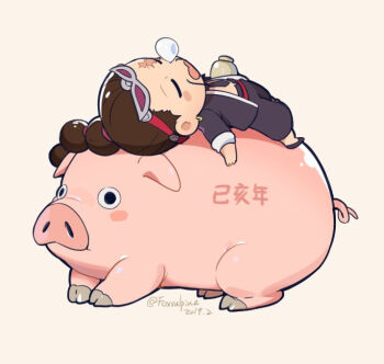 1boy blush_stickers braid brown_hair chibi chibi_only commentary_request earrings facial_hair foxvulpine fu_manchu_(mustache) jabra_(one_piece) jewelry long_hair long_mustache lying male_focus mustache nose_bubble on_back one_piece pig scar scar_across_eye scar_on_face simple_background sleeping solo sunglasses