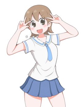 Rule 34 | 1girl, absurdres, aioi yuuko, blue necktie, blue skirt, brown eyes, brown hair, dokadayo, double v, highres, light blush, looking at viewer, necktie, nichijou, open mouth, pleated skirt, sailor collar, school uniform, serafuku, shirt, short hair, short sleeves, signature, simple background, skirt, smile, solo, tokisadame school uniform, v, white background, white sailor collar, white shirt