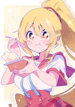 Rule 34 | + +, 1girl, :t, blonde hair, blush stickers, border, closed mouth, commentary request, dot nose, eating, hair between eyes, highres, holding, holding spoon, long hair, magia record: mahou shoujo madoka magica gaiden, mahou shoujo madoka magica, outline, outside border, plaid clothes, plaid skirt, red eyes, red sailor collar, red skirt, sailor collar, school uniform, serafuku, serizawa serizane, shirt, short sleeves, skirt, solo, spoon, togame momoko, upper body, watermark, white border, white outline, white shirt, yellow background, yogurt