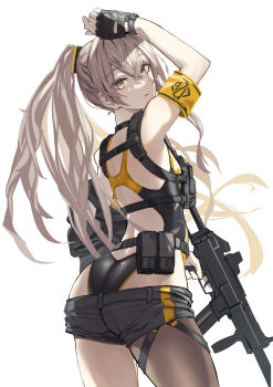 1girl absurdres armband ass backless_swimsuit black_shorts crossed_bangs fingerless_gloves from_behind fujita_(condor) girls&#039;_frontline gloves grey_hair gun h&amp;k_ump hair_between_eyes hair_tie highres holding holding_gun holding_weapon long_hair looking_at_viewer looking_back parted_lips short_shorts shorts side_ponytail simple_background single_leg_pantyhose solo standing submachine_gun swimsuit ump45_(girls&#039;_frontline) very_long_hair weapon white_background yellow_armband