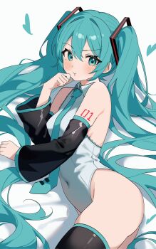 1girl adapted_costume aqua_eyes aqua_hair aqua_necktie black_sleeves black_thighhighs breasts coco_irasuto covered_navel detached_sleeves grey_leotard hatsune_miku highres leotard long_hair looking_at_viewer lying necktie on_side small_breasts solo thighhighs twintails v-shaped_eyebrows very_long_hair vocaloid
