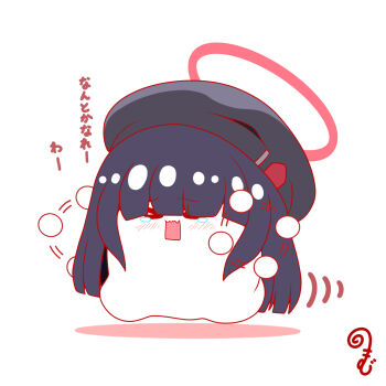 >_< afterimage beret black_hair black_hat blue_archive blush chibi closed_eyes colored_shadow hair_over_eyes halo hat highres justice_task_force_member_(blue_archive) kurukurumagical long_hair motion_lines open_mouth running shadow simple_background solo speed_lines tears translation_request very_long_hair white_background
