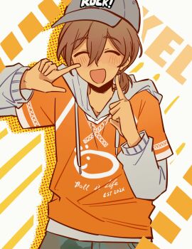 1boy :d ^_^ absurdres bailan1130 baseball_cap brown_eyes brown_hair camouflage camouflage_pants character_name chinese_commentary closed_eyes clothes_writing commentary_request dark-skinned_male dark_skin double-parted_bangs drawstring english_text facing_viewer finger_to_cheek grey_hat grey_hoodie grey_pants hair_between_eyes halftone halftone_background hands_up hat hector_(omori) highres hood hood_down hoodie index_fingers_raised kel_(birthday)_(omori) kel_(faraway)_(omori) kel_(omori) layered_sleeves long_sleeves low_side_ponytail male_focus official_alternate_costume official_alternate_hairstyle omori open_mouth orange_shirt outline pants pointing pointing_at_self puffy_long_sleeves puffy_sleeves shirt short_hair short_over_long_sleeves short_side_ponytail short_sleeves side_ponytail simple_background smile solo standing straight-on upper_body white_background white_outline