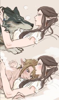 1boy 1girl animal_earrings arms_around_neck blonde_hair blue_eyes blush breasts brown_background brown_hair closed_eyes clothed_female_nude_male couple dress earrings frilled_dress frills hair_between_eyes hetero jewelry kurokawa_karasu link medium_breasts nintendo nude parted_bangs parted_lips pointy_ears princess_zelda short_hair sidelocks sleeping sweatdrop swept_bangs the_legend_of_zelda the_legend_of_zelda:_twilight_princess upper_body white_dress wide-eyed wolf wolf_link