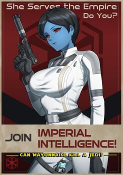 1girl alien belt black_belt black_gloves blue_skin breasts chiss colored_sclera colored_skin droid gloves gun highres holding holding_gun holding_weapon large_breasts military_uniform poster_(medium) red_eyes red_sclera science_fiction short_hair sith spy star_wars star_wars:_the_old_republic suppressor tunic weapon white_tunic zxpfer