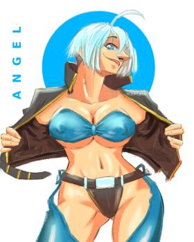 1girl angel_(kof) blue_eyes breasts clothes_grab clothes_pull jacket leather looking_at_viewer mcdonnartz nipples open_clothes pale_skin panties short_hair the_king_of_fighters thick_thighs thighs tight_clothes underboob underwear undressing unzipped white_hair