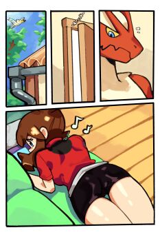1boy 1girl absurdres ass blaziken blue_eyes border brown_hair couch gen_3_pokemon highres indoors lu_blu lying may_(pokemon) medium_hair musical_note nintendo on_couch on_stomach playing_games playing_video_games pokemon pokemon_rse red_shirt sequential shirt sidelocks white_border wingull