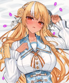 1girl absurdres arm_up blonde_hair bow braid breasts brooch check_commentary collared_dress commentary_request corset dark-skinned_female dark_elf dark_skin double_bun dress elf frilled_sleeves frills hair_bow hair_bun highres hololive jewelry large_breasts long_hair long_sleeves looking_at_viewer lying multicolored_hair on_back on_bed open_mouth orange_eyes petals pointy_ears puffy_sleeves rum_raisin_(chihiromakita19) shiranui_flare shiranui_flare_(8th_costume) solo streaked_hair two-tone_hair underbust upper_body virtual_youtuber white_bow white_dress white_hair white_streaks