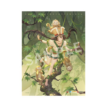 1girl anu barefoot bracelet brown_eyes brown_hair copyright_name hat jewelry monkey necklace official_art smile solo standing twintails xianjian_qixia_zhuan