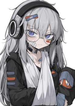 1girl absurdres arm_sling bags_under_eyes bandages bandaid bandaid_hair_ornament bandaid_on_face black_choker black_jacket blue_eyes choker commentary grey_hair hair_ornament headphones highres hisha_(kan_moko) hood hooded_jacket hoodie injury jacket long_sleeves orange_nails original round_eyewear simple_background sleeves_past_wrists white_background