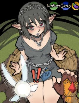 ! !! 1boy 1girl black_choker black_dress black_hair black_lips blush body_freckles breasts brown_gloves chain chain_necklace choker cleavage dress ear_piercing earrings eggplant_emoji eyeshadow fingerless_gloves freckles from_above gameplay_mechanics gloves grey_eyeshadow instrument jewelry link lipstick makeup navi necklace nintendo ocarina original pantsu-ripper piercing pointy_ears pov pov_hands raised_eyebrows red_eyes short_dress sitting small_breasts the_legend_of_zelda the_legend_of_zelda:_ocarina_of_time thick_thighs thighs tree_stump