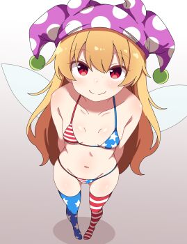 1girl absurdres adapted_costume american_flag american_flag_print arms_behind_back bikini blue_bikini breasts closed_mouth clownpiece collarbone fairy fairy_wings fang flag_print hat highres jester_cap korra_down loli long_hair looking_at_viewer micro_bikini multicolored_bikini navel pantyhose polka_dot_headwear purple_hat red_bikini red_eyes skin_fang small_breasts smile solo striped_clothes striped_pantyhose swimsuit touhou very_long_hair white_bikini wings