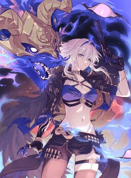 1girl armor black_gloves black_jacket black_shorts blue_bra bra breasts chimera_(wuthering_waves) collarbone commentary cowboy_shot galbrena_(wuthering_waves) gloves gold_armor gold_choker gold_helmet gun hair_between_eyes highres holding holding_gun holding_weapon jacket looking_at_viewer mao_(expuella) medium_breasts navel official_alternate_costume purple_eyes shorts solo stomach tacet_discord_(wuthering_waves) underwear weapon wuthering_waves