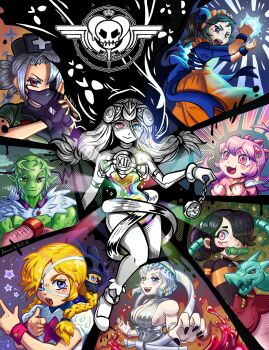 Rule 34 | 1boy, 6+girls, :3, adapted costume, aeon (skullgirls), anklet, annie (skullgirls), arms cross, back bow, beowulf (skullgirls), bishoujo senshi sailor moon, black hair, black nails, blonde hair, blood, bloody marie (skullgirls), blue hair, blush, bow, bracelet, braid, clock eyes, colored skin, cosplay, dragon ball, dress, eliza (skullgirls), energy, eyepatch, fingerless gloves, fingernails, fukua (skullgirls), gloves, green hair, green skin, grey hair, hat, hatake kakashi, hatake kakashi (cosplay), heterochromia, hourglass, jewelry, kamado nezuko, kamado nezuko (cosplay), kaname madoka, kaname madoka (cosplay), kaname madoka (magical girl), kill la kill, kimetsu no yaiba, kiryuuin ragyou, kiryuuin ragyou (cosplay), leviathan (skullgirls), long fingernails, luna (sailor moon), luna (sailor moon) (cosplay), mahou shoujo madoka magica, mask, mouth hold, multiple girls, nail polish, naruto (series), nurse cap, open mouth, piccolo, piccolo (cosplay), pink hair, pocket watch, pointy ears, puffy sleeves, red eyes, sagan (skullgirls), sailor moon, skullgirls, smile, son goku, son goku (cosplay), squigly (skullgirls), symbol-shaped pupils, tiara, tsukino usagi, tsukino usagi (cosplay), twin braids, valentine (skullgirls), watch, white hair, wristband