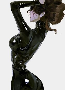 1girl absurdres arched_back ass bodysuit breasts brown_hair colored_skin curvy facing_away grey_skin hands_in_own_hair highres identity_v latex latex_bodysuit makeup medium_breasts red_lips runny_makeup sangria_(identity_v) shikouquan shiny_clothes skin_tight