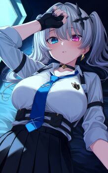 1girl absurdres arm_strap arm_up bed bed_sheet black_choker black_skirt blue_eyes blue_necktie blush breasts chest_harness choker collared_shirt cross cross-shaped_pupils cross_hair_ornament earrings fingerless_gloves gloves gold_earrings hair_between_eyes hair_intakes hair_ornament harness heterochromia high-waist_skirt highres inverted_cross jewelry large_breasts long_hair long_sleeves looking_at_viewer lying nail_polish nameko_houshi necktie neo-porte on_back on_bed parted_lips pink_eyes pleated_skirt pouch purple_nails shirt shirt_tucked_in single_earring skirt solo symbol-shaped_pupils tentei_forte tentei_forte_(2nd_costume) twintails virtual_youtuber white_hair white_shirt window