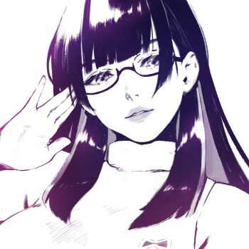 1girl commentary english_commentary eufrik glasses highres hololive hololive_english long_hair looking_at_viewer monochrome ouro_kronii ouro_kronii_(casual) parted_lips portrait solo