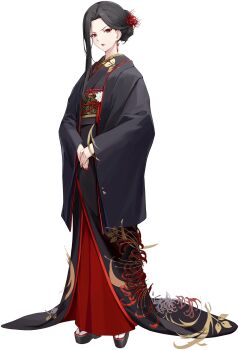 1girl azur_lane black_hair black_kimono floral_print flower geta hair_flower hair_ornament highres japanese_clothes kimono non-web_source official_art own_hands_together red_eyes red_kimono ryouko_(azur_lane) simple_background solo spider_lily transparent_background
