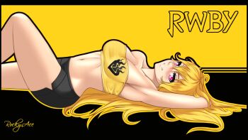 1girl arm_behind_head armpits artist_name bike_shorts blonde_hair blush breasts cleavage from_side grin highres large_breasts leg_lift leg_up legs long_hair looking_at_viewer lying midriff navel pink_eyes rocky-ace rwby seductive_gaze seductive_smile smile strapless teeth thighs toned tube_top yang_xiao_long