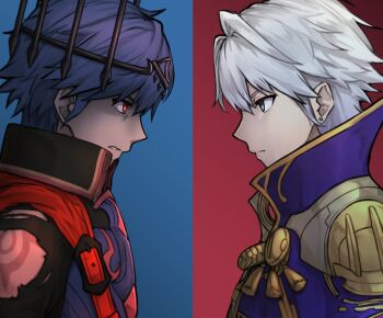 2boys armor blue_background blue_hair brand_of_the_exalt brown_eyes chrom_(fell_exalt)_(fire_emblem) chrom_(fire_emblem) closed_mouth commentary_request crown dark_persona fire_emblem fire_emblem_awakening fire_emblem_cipher fire_emblem_heroes from_side highres male_focus male_robin_(grandmaster)_(fire_emblem) male_robin_(fire_emblem) multiple_boys nintendo red_background red_eyes serious shaded_face short_hair shoulder_armor two-tone_background white_hair zuzu_(ywpd8853)
