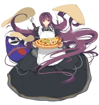 1girl apron bebe-tan bell_pepper bell_pepper_slice black_dress black_ribbon blue_gem blush brooch cheese cheese_trail closed_mouth cooking dough dough_tossing dress food frilled_apron frilled_dress frills full_body gem green_bell_pepper hair_between_eyes hair_ribbon holding holding_food holding_knife holding_pizza holding_tray jewelry juliet_sleeves kitchen_knife knife layered_dress long_dress long_hair long_sleeves looking_at_viewer murasaki_(senran_kagura) official_art pepperoni pizza pizza_cutter pizza_slice prehensile_hair puffy_sleeves purple_eyes purple_hair ribbon senran_kagura senran_kagura_bon_appetit senran_kagura_shinovi_versus simple_background solo standing stuffed_animal stuffed_toy teddy_bear tomato_sauce tossing tray very_long_hair white_apron white_background