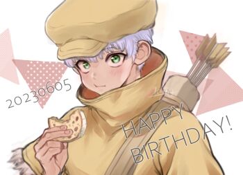 1boy arrow_(projectile) birthday blush closed_mouth cookie dated dr._stone eating food green_eyes happy_birthday hat high_collar holding holding_food looking_at_viewer male_focus ninomae_gin quiver saionji_ukyou shirt short_hair solo upper_body white_background white_hair yellow_shirt