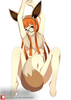 Rule 34 | 1girl, ahoge, animal ear hairband, animal ears, arms up, barefoot, brown eyes, cosplay, eevee, eevee (cosplay), excaliblader, fake animal ears, fake tail, gen 1 pokemon, glasses, hairband, long hair, looking at viewer, lying, m legs, navel, nintendo, nude, on back, orange hair, persona, persona 5, pokemon, ribs, sakura futaba, simple background, solo, spread legs, stomach, tail, very long hair, voice actor connection, white background