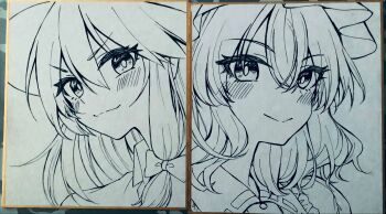 Rule 34 | 2girls, blush, bow, closed mouth, collared shirt, commentary request, dress, greyscale, hair bow, hat, highres, kinese (katasutorohu), looking at viewer, maribel hearn, medium hair, mob cap, monochrome, multiple girls, photo (medium), portrait, shikishi, shirt, smile, touhou, traditional media, usami renko