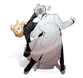 1boy 1girl black_dress blonde_hair commentary_request dancing dip_(dance_move) dress franken_stein_(soul_eater) grey_hair highres hissiu holding_another's_waist lab_coat laughing marie_mjolnir object_through_head patch profile scar screw_in_head shadow smile soul_eater stitches white_hair