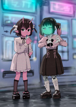 2girls alien android antennae black_skirt blurry blurry_background colored_skin colored_tips dress four-finger_heart_hands full_body heart heart_hands highres jirai_kei joints kujo_chiharu kurusu_makina_(milky_galactic_universe) long_sleeves looking_at_viewer milky_subway multicolored_hair multiple_girls pink_shirt pink_skin plaid_clothes plaid_dress pointy_ears robot_joints shirt shoes short_dress skirt standing twintails two_side_up ueyama_michirou vending_machine