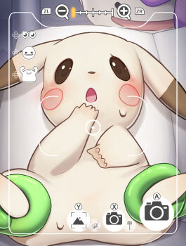 absurdres brown_eyes commentary_request ditto fake_screenshot gen_1_pokemon highres lying nintendo oishi_kuwagata on_back open_mouth paid_reward_available peakychu pikachu pokemon pokemon_(creature) pokemon_focus pokemon_pokopia spread_legs tagme user_interface