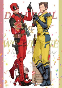 2boys :q alcohol beard belt bodysuit boots bottle bouquet brown_hair claw_(weapon) commentary_request confetti deadpool deadpool_&amp;_wolverine deadpool_(series) dog dogpool facial_hair flower full_body gloves holding holding_bottle male_focus marvel mask_lift multicolored_bodysuit multiple_boys red_bodysuit red_mask scar scars_all_over short_hair smile superhero_costume tongue tongue_out too_many two-tone_bodysuit utility_belt wakatobi_chakku weapon wolverine_(x-men) x-men yellow_bodysuit