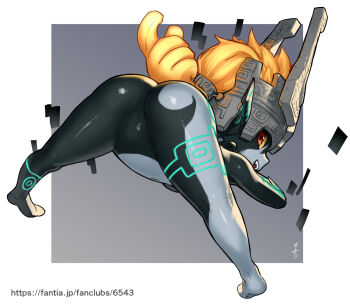 1girl arm_tattoo ass black_skin colored_sclera colored_skin commentary from_behind glowing glowing_tattoo helmet highres jack-o'_challenge kawakami_rokkaku leg_tattoo long_hair long_pointy_ears looking_at_viewer looking_back midna multicolored_hair multicolored_skin nintendo no_anus no_pussy nude null_bulge null_focus orange_hair pointy_ears prehensile_hair presenting_own_body shortstack smile solo spread_legs tattoo the_legend_of_zelda the_legend_of_zelda:_twilight_princess thighs top-down_bottom-up two-tone_skin white_skin yellow_sclera