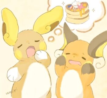 alolan_form alolan_raichu closed_eyes commentary_request food gen_1_pokemon gen_7_pokemon lowres nintendo no_humans open_mouth orange_fur pancake pancake_stack pokemon pokemon_(creature) pokemon_focus raichu regional_and_normal rioon_fish speech_bubble thought_bubble
