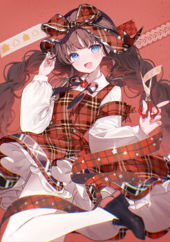 1girl a20_(atsumaru) absurdres black_shoes blue_eyes blush bow braid brown_hair collared_shirt commentary_request dress foot_out_of_frame hair_bow highres holding holding_scissors leg_up looking_at_viewer nail_polish open_mouth original pantyhose plaid_bow plaid_clothes plaid_dress red_background red_dress red_nails scissors shirt shoes short_sleeves simple_background smile twin_braids undershirt white_pantyhose white_shirt