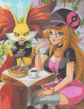 absurdres blonde_hair breasts delphox gen_6_pokemon highres long_hair nintendo pokemon pokemon_xy ravernclouk_design serena_(pokemon) thighhighs